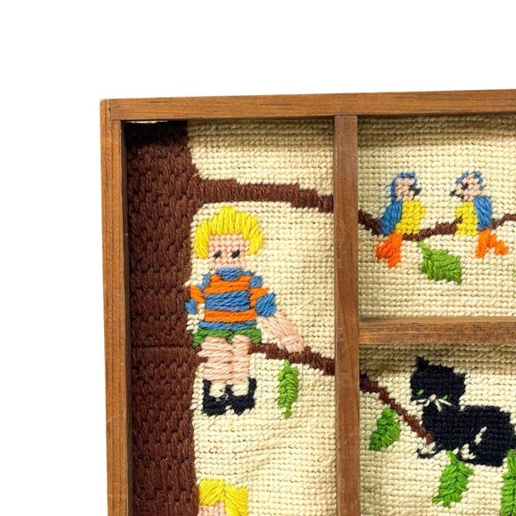 Vintage Needlepoint Childrens Room Kids Framed Climbing Tree Cat Nursery - Picture 2 of 10